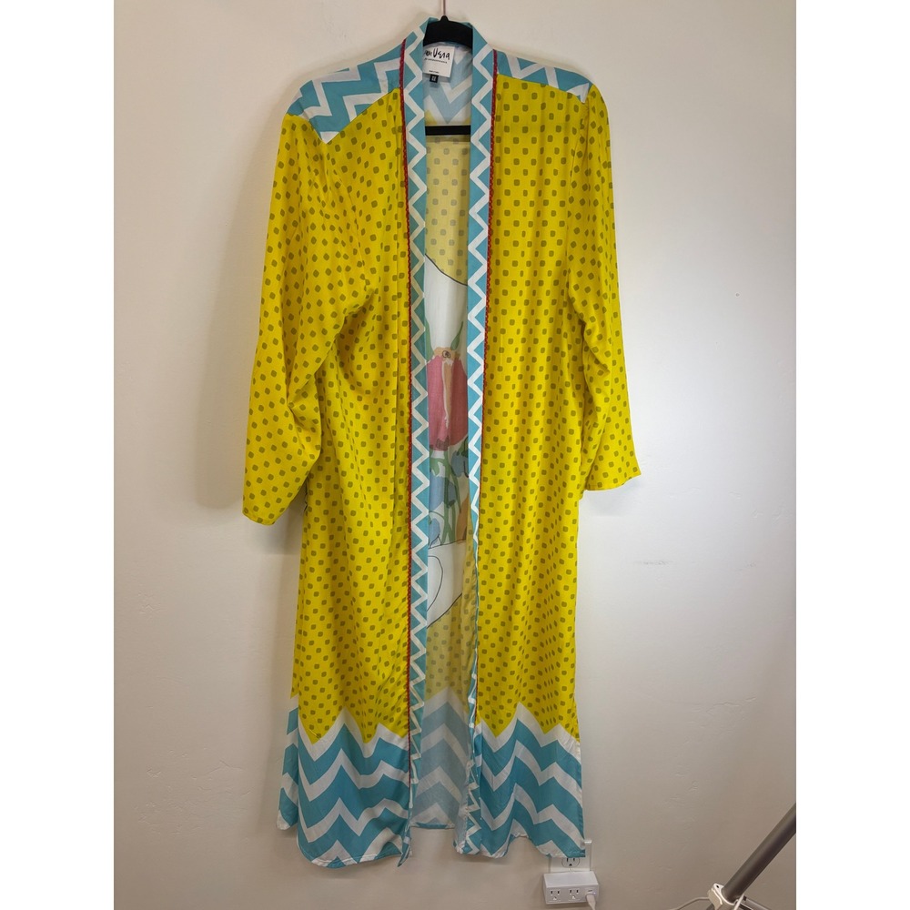 Vera for Anthropologie Duster Kimono Yellow Polka Dot Floral One Size OS